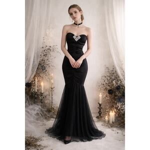 Vintage 90s Y2K Cache Strapless Mermaid Gown Black Ruched Sz 2 Dress Fairy Goth